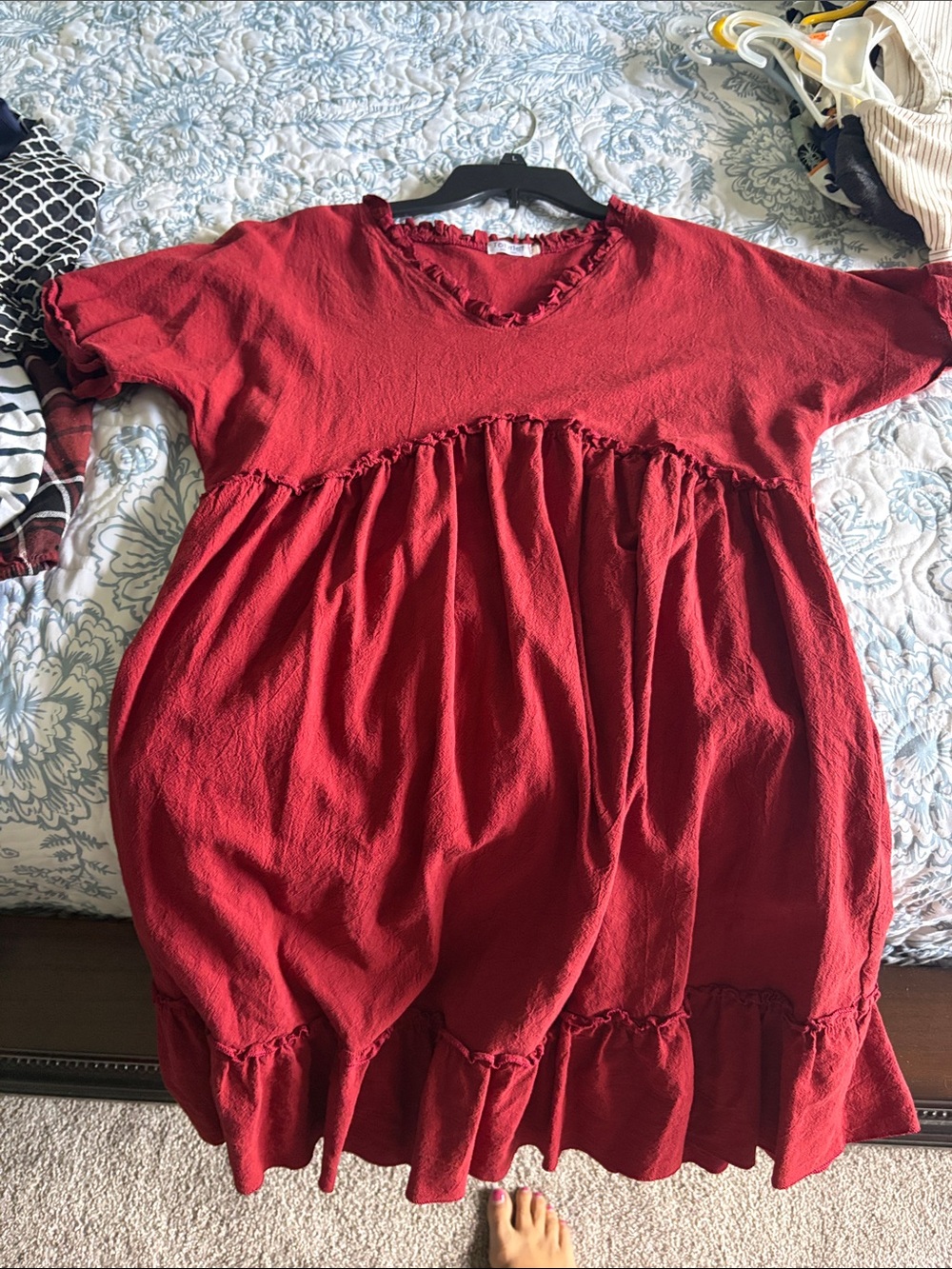 Red Midi Dress with Ruffle Trim - Women